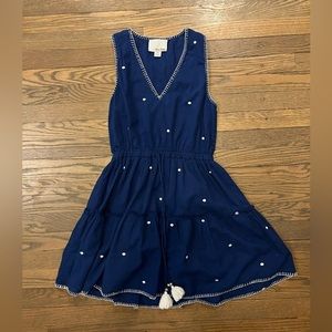 Chloe Oliver for Anthropologie blue cotton dress with white dots & tassels XS